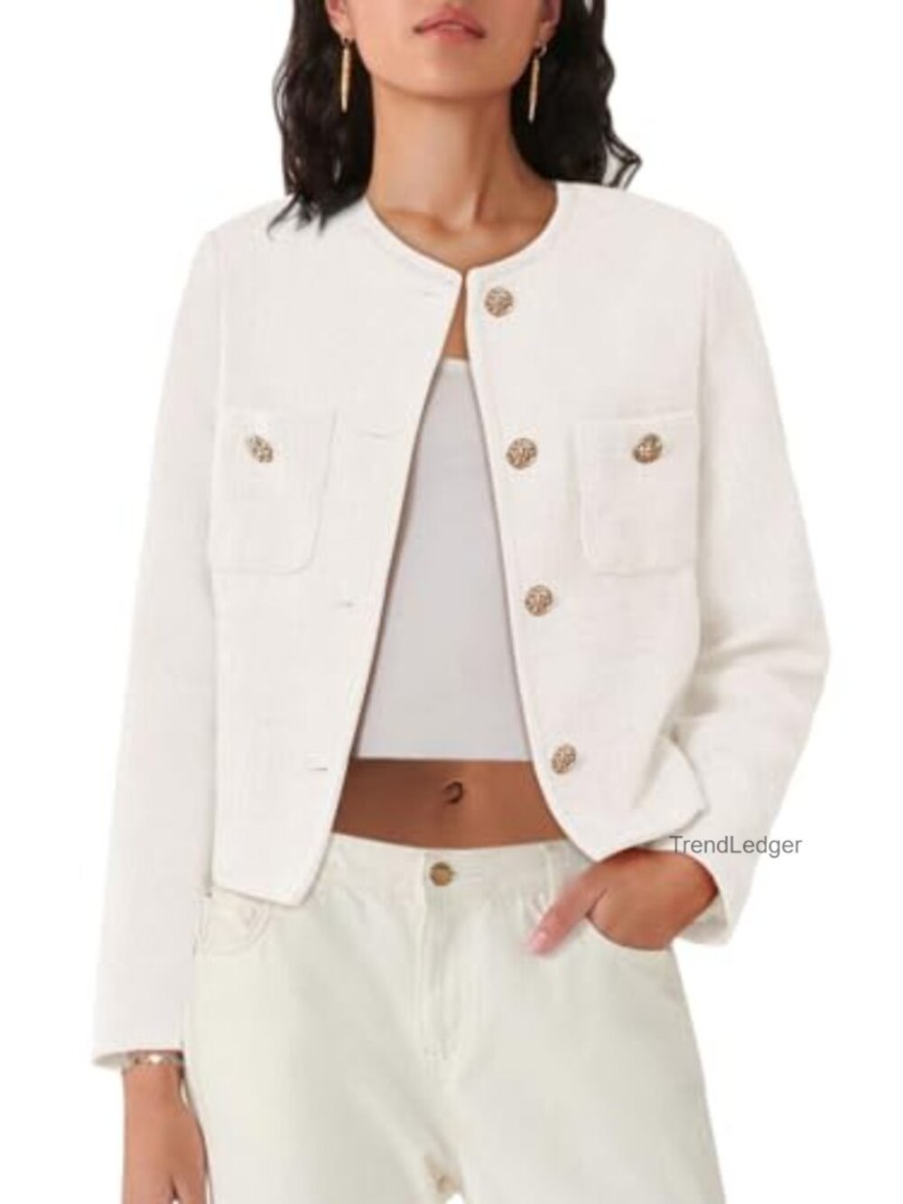 Womens Tweed Button Down Cropped Blazer Long Sleeve Business Casual Jacket